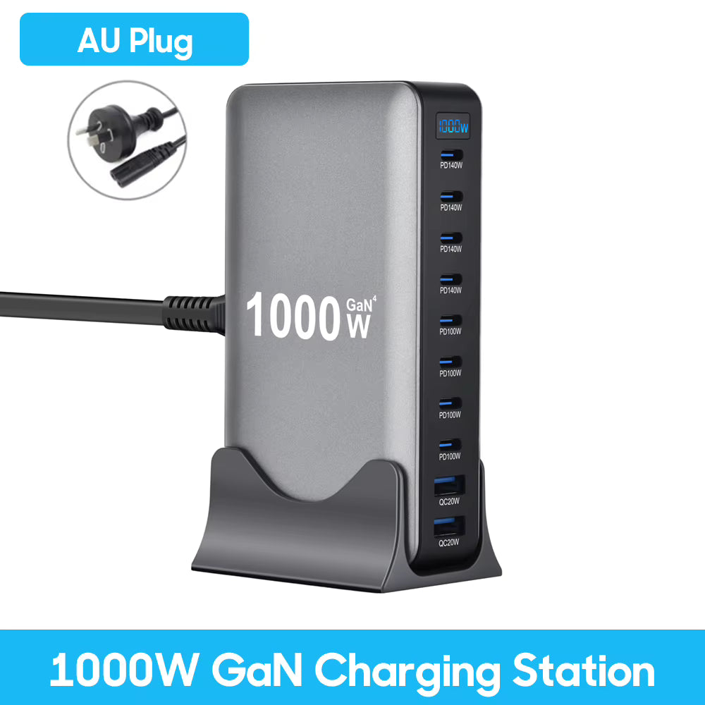 1000W 10-Port GaN Desktop Adapter 140W PD Fast Charging for MacBook Pro Laptop, 100W for Phone Tablet, Multi Port USB Hub Statio