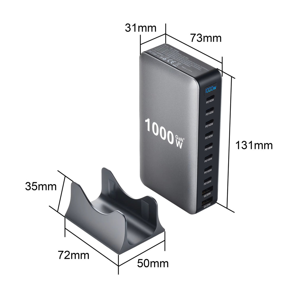 1000W 10-Port GaN Desktop Adapter 140W PD Fast Charging for MacBook Pro Laptop, 100W for Phone Tablet, Multi Port USB Hub Statio 6