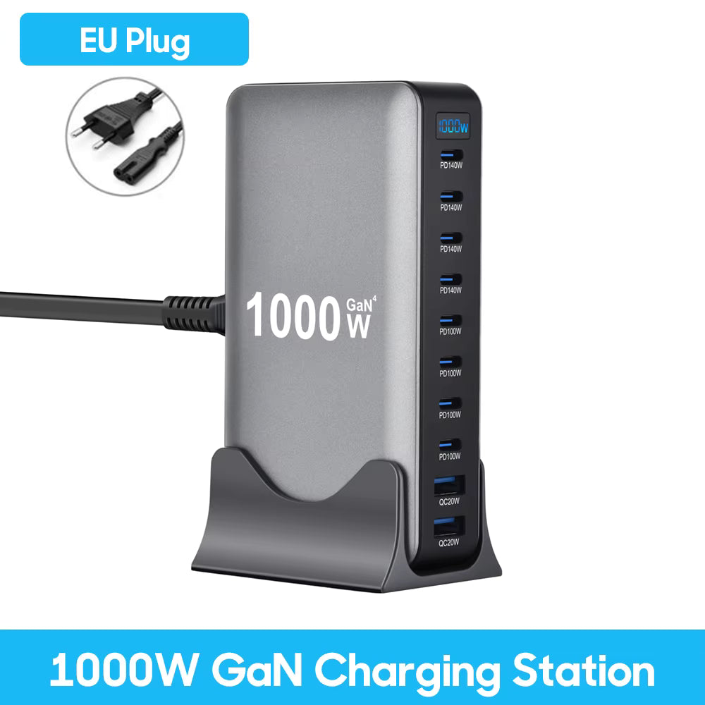 1000W 10-Port GaN Desktop Adapter 140W PD Fast Charging for MacBook Pro Laptop, 100W for Phone Tablet, Multi Port USB Hub Statio