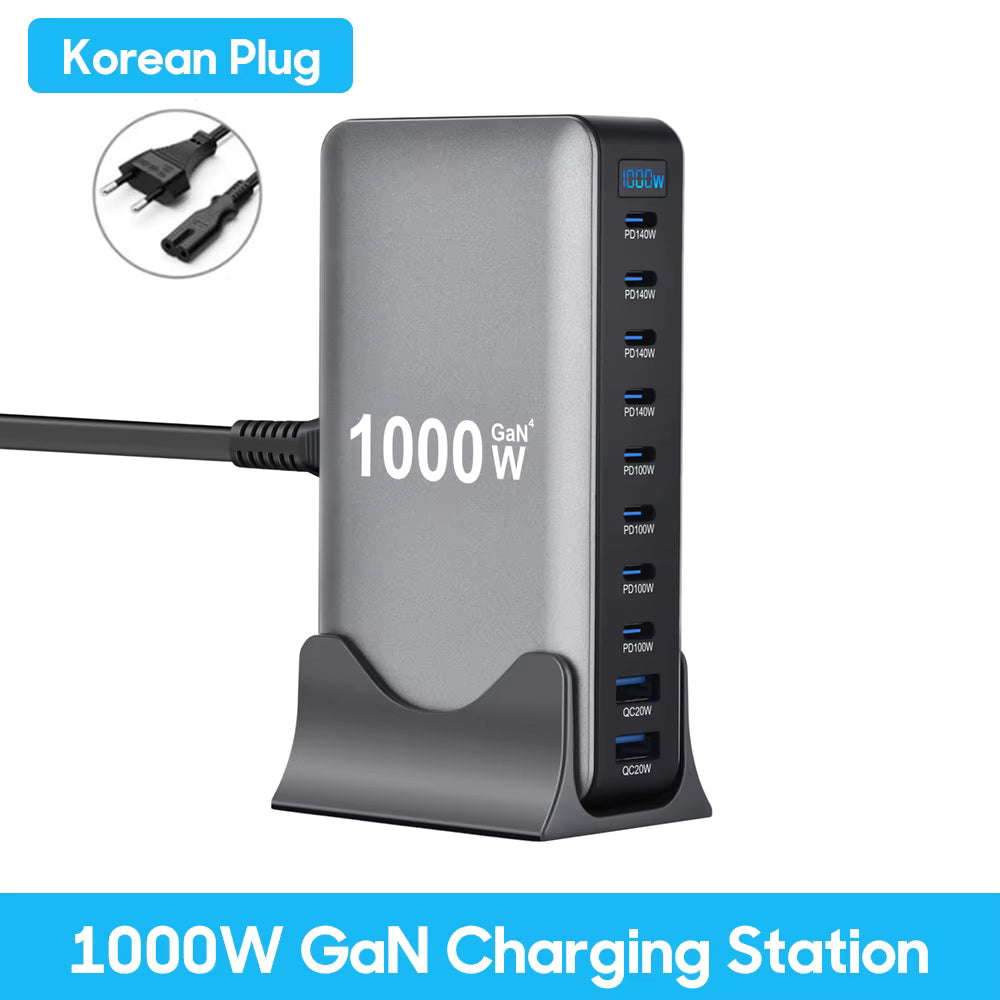 1000W 10-Port GaN Desktop Adapter 140W PD Fast Charging for MacBook Pro Laptop, 100W for Phone Tablet, Multi Port USB Hub Statio