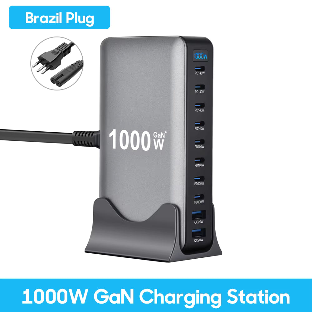 1000W 10-Port GaN Desktop Adapter 140W PD Fast Charging for MacBook Pro Laptop, 100W for Phone Tablet, Multi Port USB Hub Statio