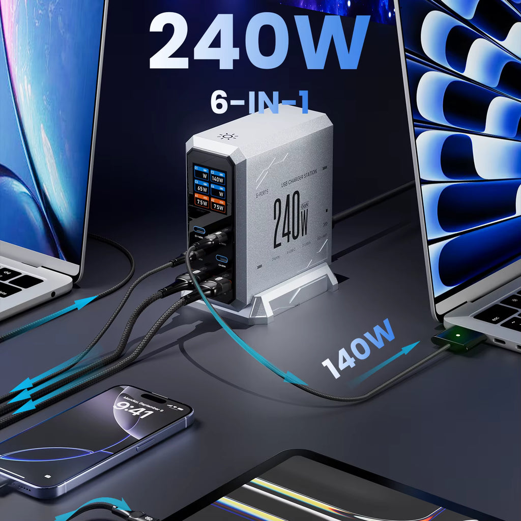 240W GaN Charger 6-IN-1 140W PD3.1 PPS USB Type C Digital Display Fast Charging Station for iPhone 16 15 MacBook Laptops Samsung 4