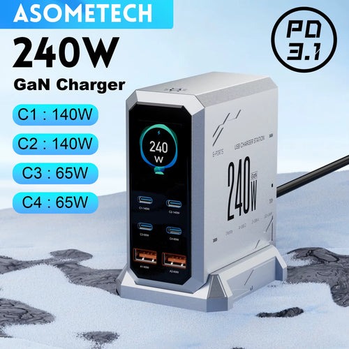240W GaN Charger 6-IN-1 140W PD3.1 PPS USB Type C Digital Display Fast Charging Station for iPhone 16 15 MacBook Laptops Samsung 1