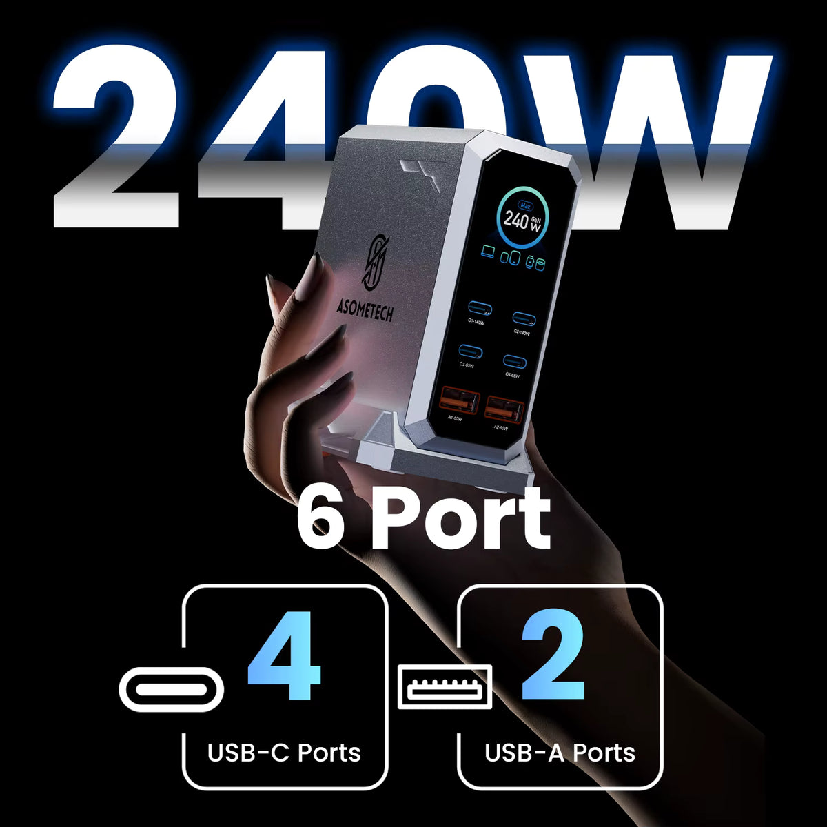 240W GaN Charger 6-IN-1 140W PD3.1 PPS USB Type C Digital Display Fast Charging Station for iPhone 16 15 MacBook Laptops Samsung 5