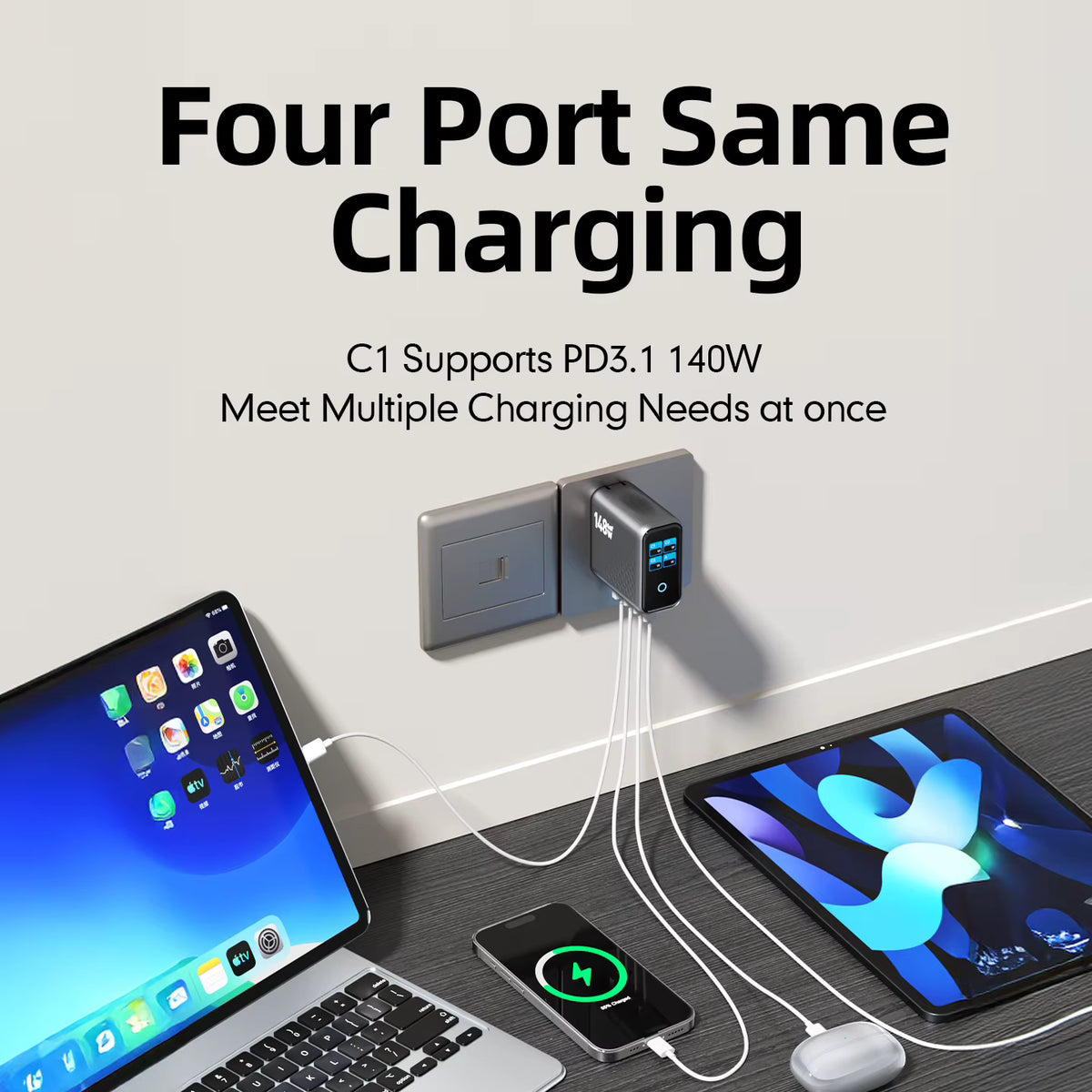 148W GaN Fast Charger 4-Port USB-C Compact Wall Adapter with Smart Display for MacBook iPad iPhone (Non-Battery) 4