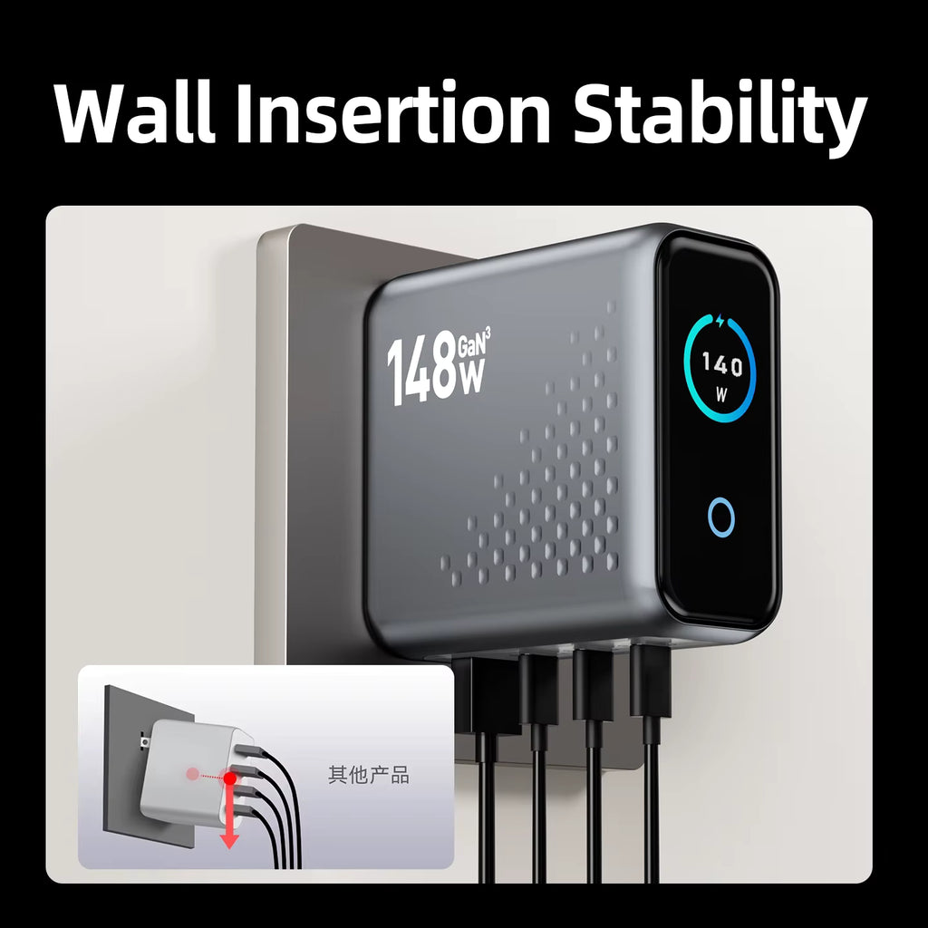 148W GaN Fast Charger 4-Port USB-C Compact Wall Adapter with Smart Display for MacBook iPad iPhone (Non-Battery) 6