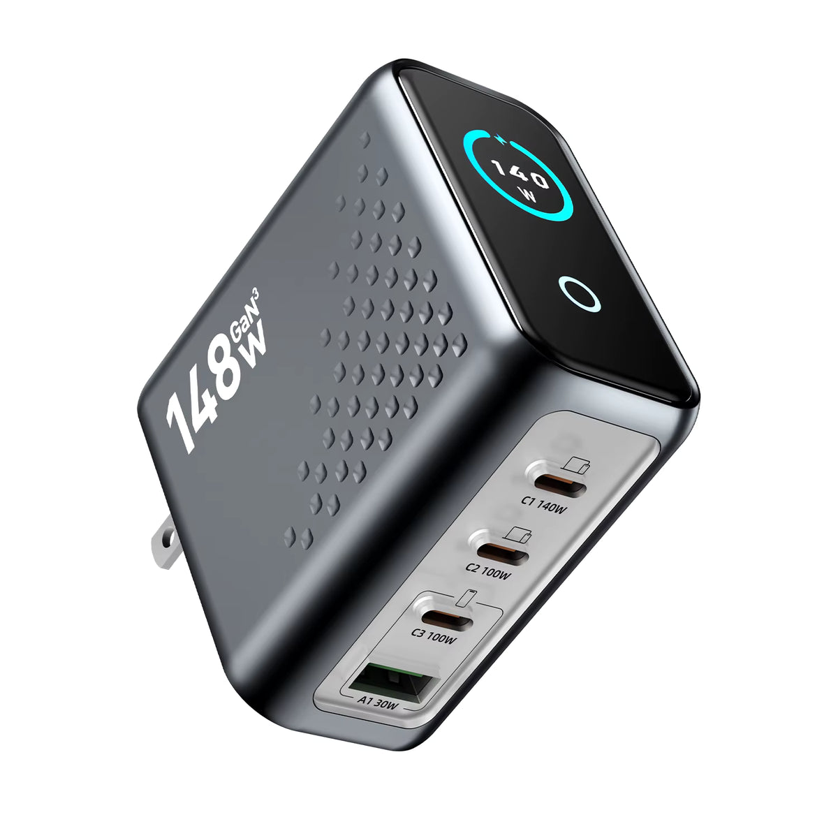 148W GaN Fast Charger 4-Port USB-C Compact Wall Adapter with Smart Display for MacBook iPad iPhone (Non-Battery)