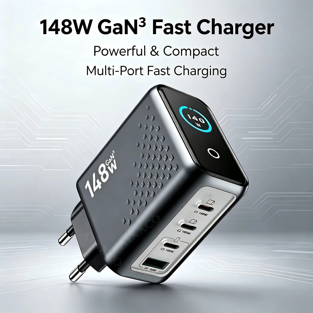 148W GaN Fast Charger 4-Port USB-C Compact Wall Adapter with Smart Display for MacBook iPad iPhone (Non-Battery) 1