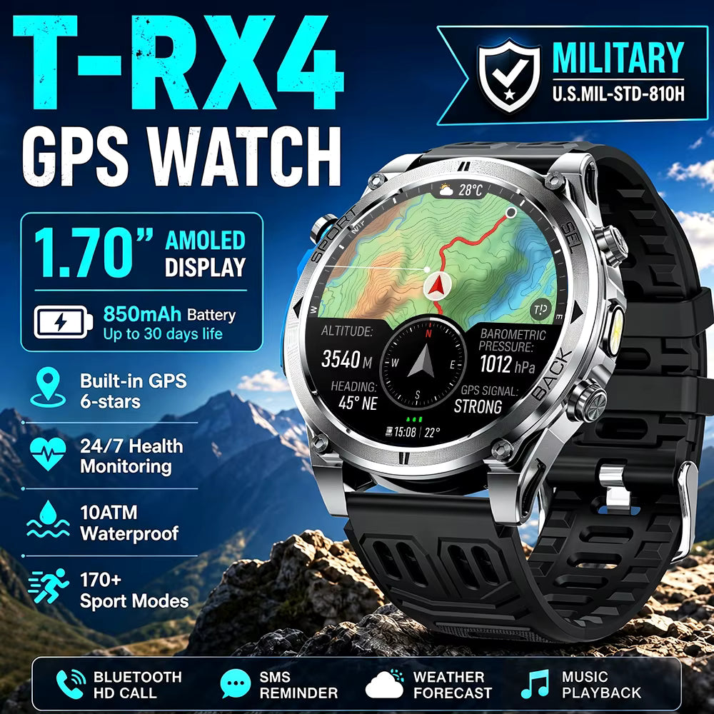 T-RX 4 Ultra Outdoor Smart Watch 1.7inch HD AMOLED GPS Tracking Altitude Barometer Compass Call 170+Sports Modes Smart watch