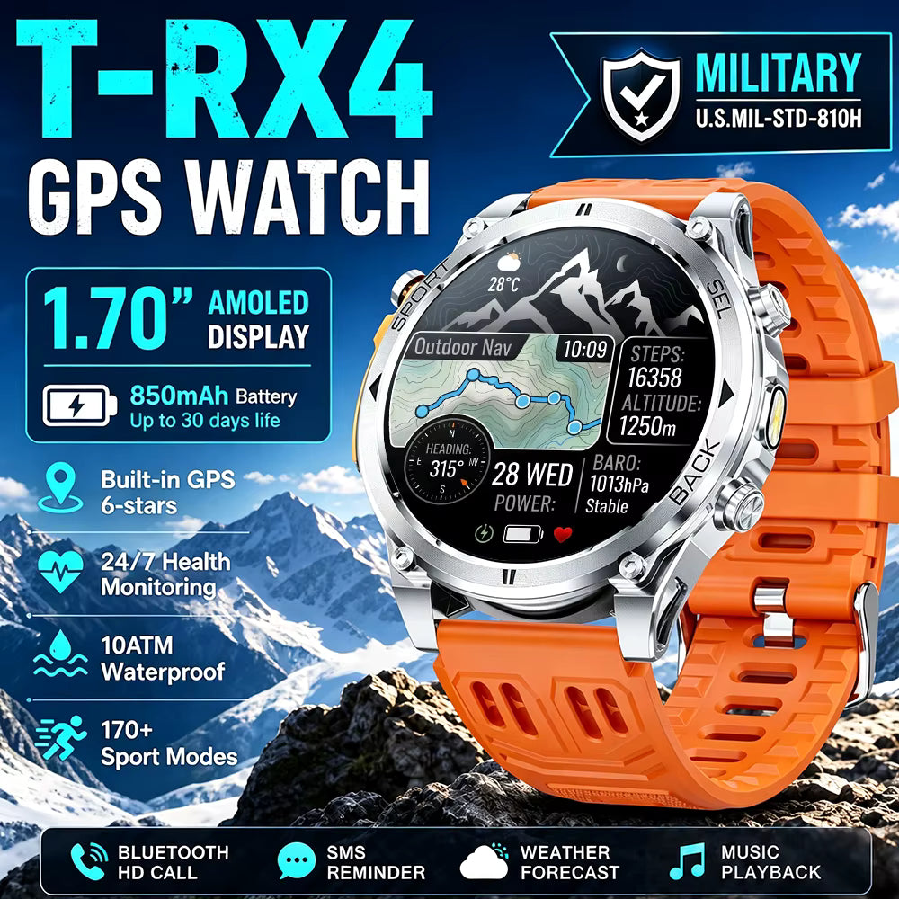T-RX 4 Ultra Outdoor Smart Watch 1.7inch HD AMOLED GPS Tracking Altitude Barometer Compass Call 170+Sports Modes Smart watch