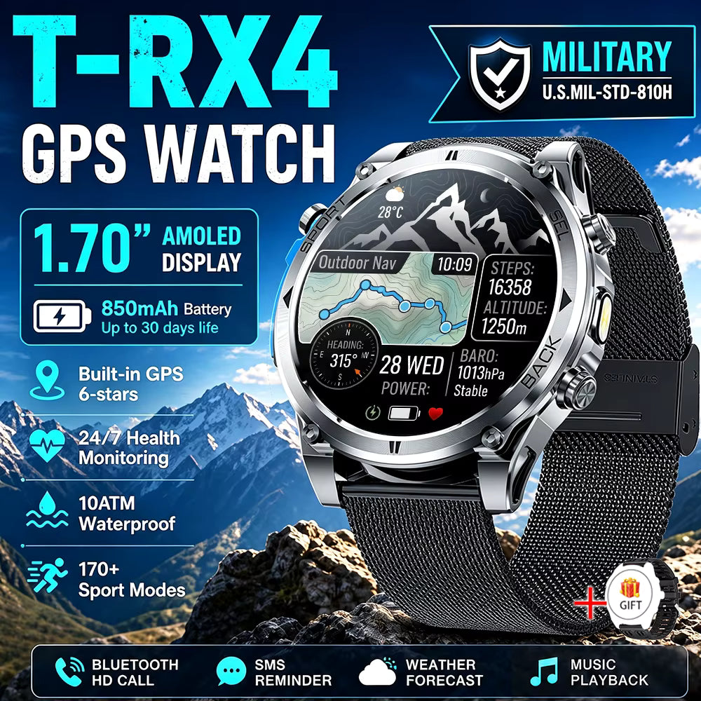 T-RX 4 Ultra Outdoor Smart Watch 1.7inch HD AMOLED GPS Tracking Altitude Barometer Compass Call 170+Sports Modes Smart watch