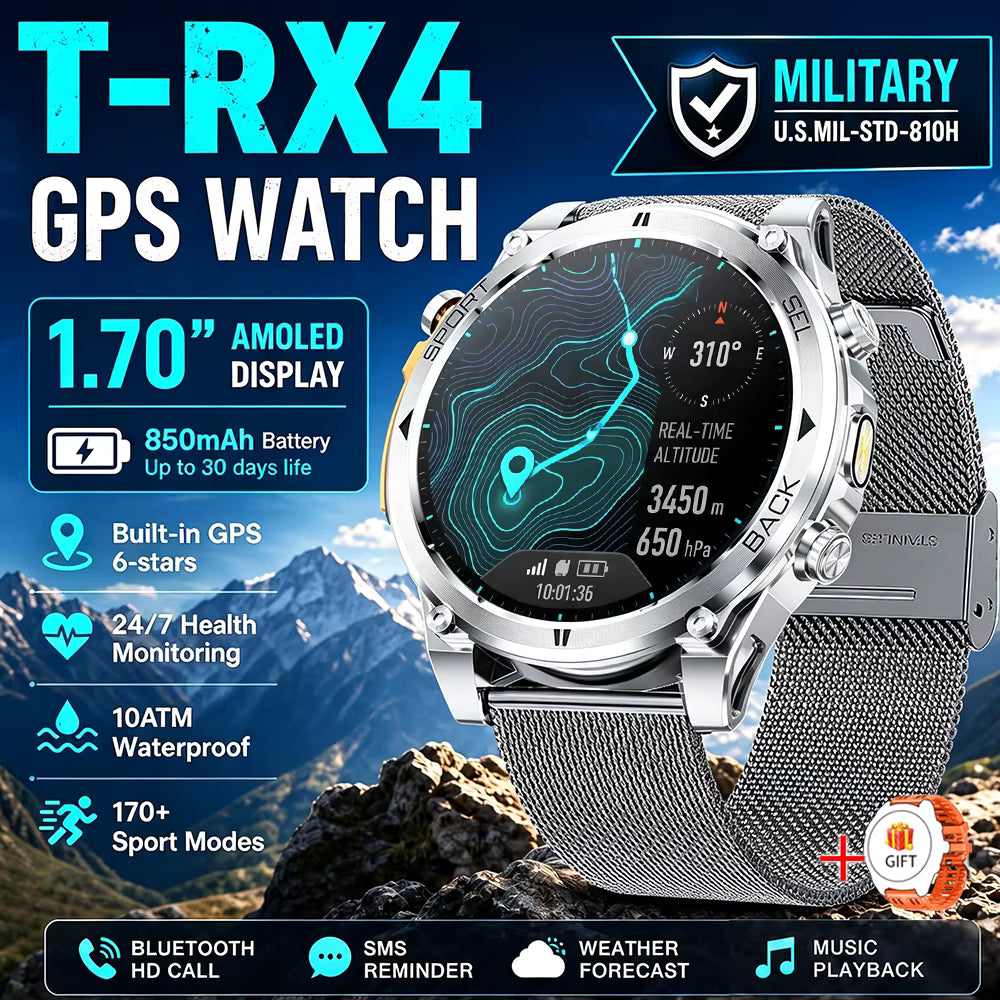 T-RX 4 Ultra Outdoor Smart Watch 1.7inch HD AMOLED GPS Tracking Altitude Barometer Compass Call 170+Sports Modes Smart watch