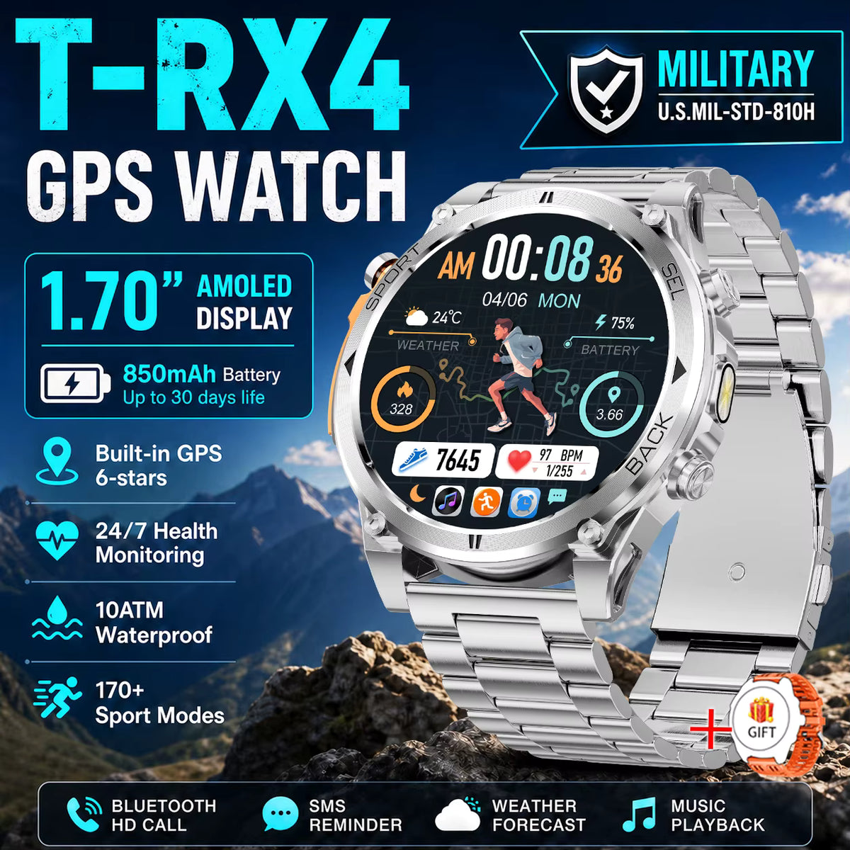 T-RX 4 Ultra Outdoor Smart Watch 1.7inch HD AMOLED GPS Tracking Altitude Barometer Compass Call 170+Sports Modes Smart watch