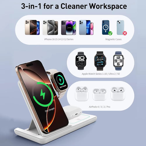 3 in 1 Foldable Night Light Wireless Charger Stand For iPhone 17 16 15 14 Apple Watch 2-11 SE Airpods Pro Fast Charging Station 2