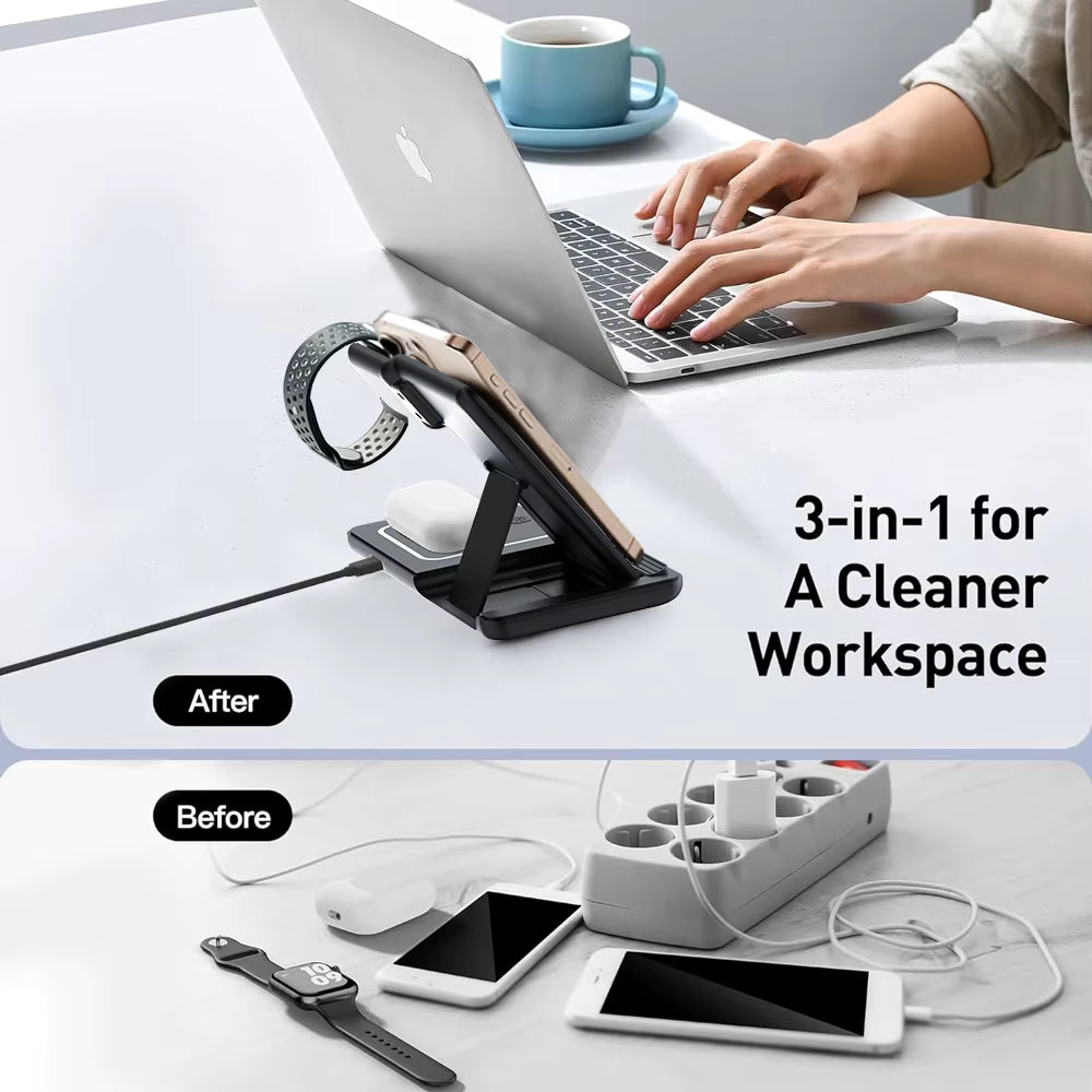3 in 1 Foldable Night Light Wireless Charger Stand For iPhone 17 16 15 14 Apple Watch 2-11 SE Airpods Pro Fast Charging Station 6
