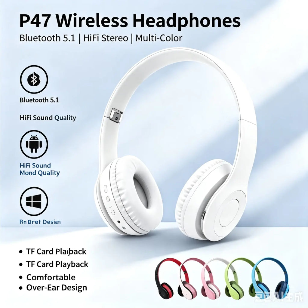 P47 Wireless 5.0 Overhead Bluetooth Headphones for Music with Deep Bass Universal Compatibility High-Quality Sound Earphones 1