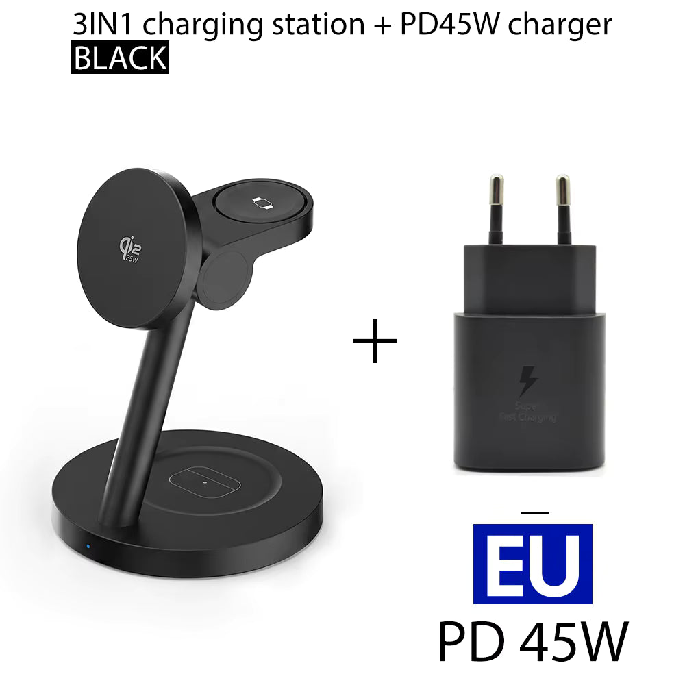 25W Qi2.2 3-in-1 Fast Wireless Charger Stand + 45W Plug For iPhone 17 16 Plus Pro Max Apple Watch Ultra 3 2 S11 S10 AirPods