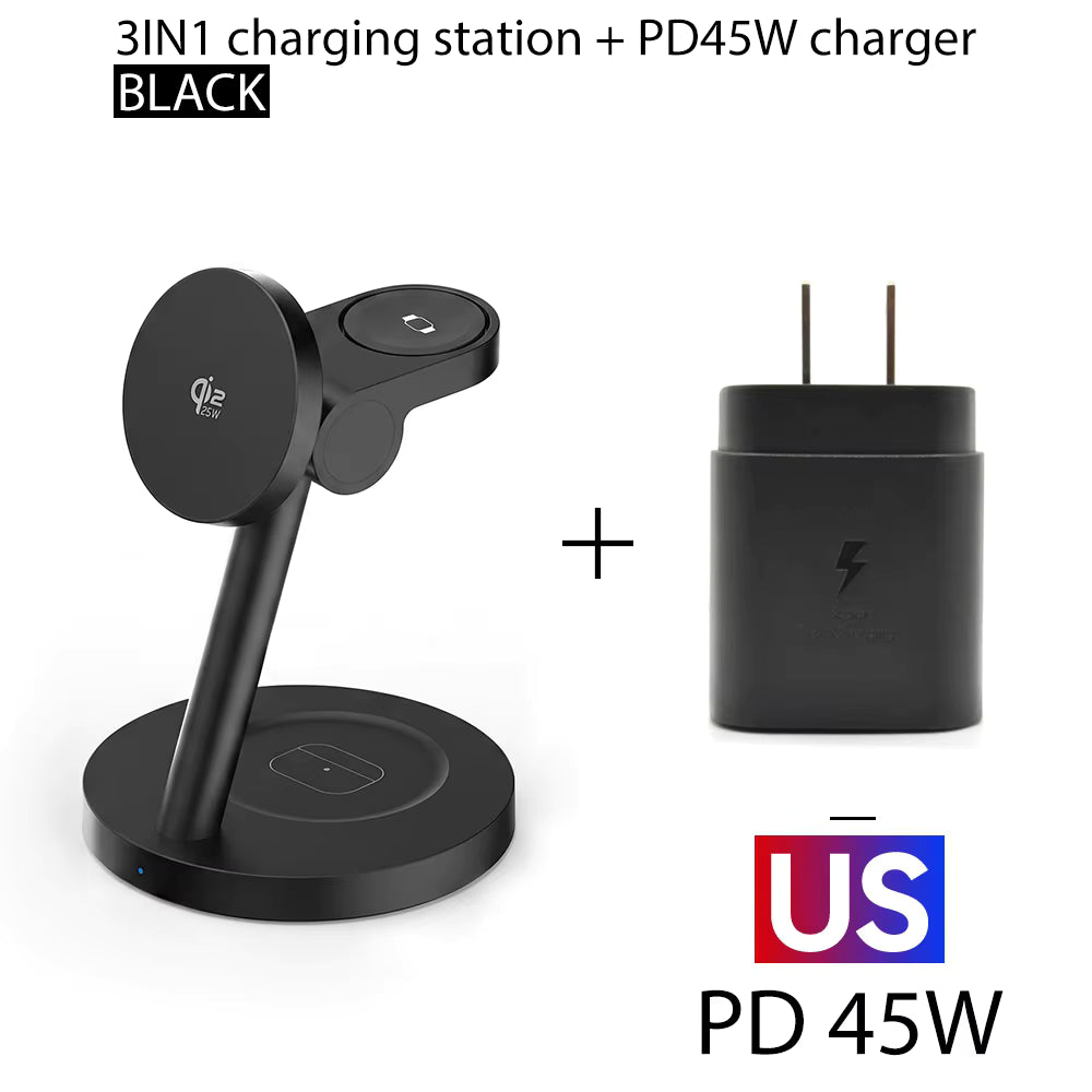 25W Qi2.2 3-in-1 Fast Wireless Charger Stand + 45W Plug For iPhone 17 16 Plus Pro Max Apple Watch Ultra 3 2 S11 S10 AirPods