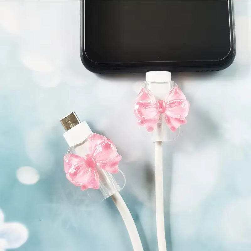 2Pcs Lovely Pink Bow Silicone Charger Cable Protector Sleeve Cable Holder Clip Anti-break Transparent Cord Cover Wrap 6