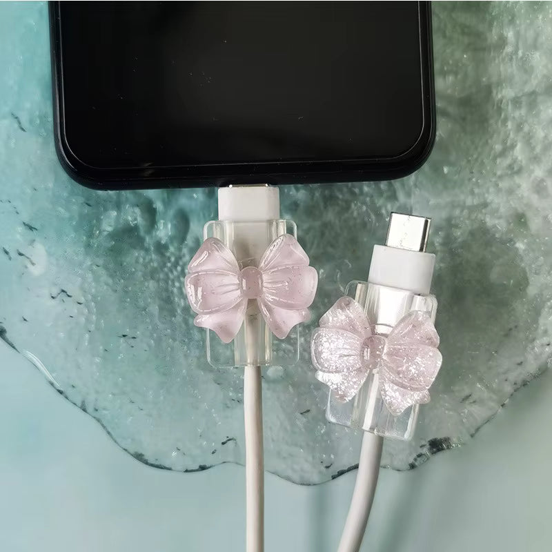 2Pcs Lovely Pink Bow Silicone Charger Cable Protector Sleeve Cable Holder Clip Anti-break Transparent Cord Cover Wrap 3