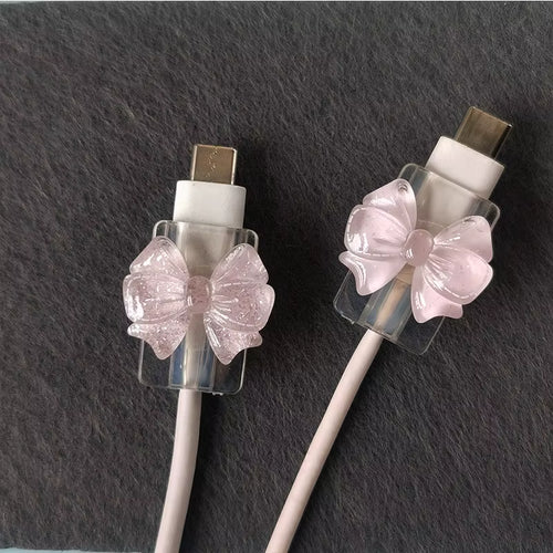 2Pcs Lovely Pink Bow Silicone Charger Cable Protector Sleeve Cable Holder Clip Anti-break Transparent Cord Cover Wrap 2