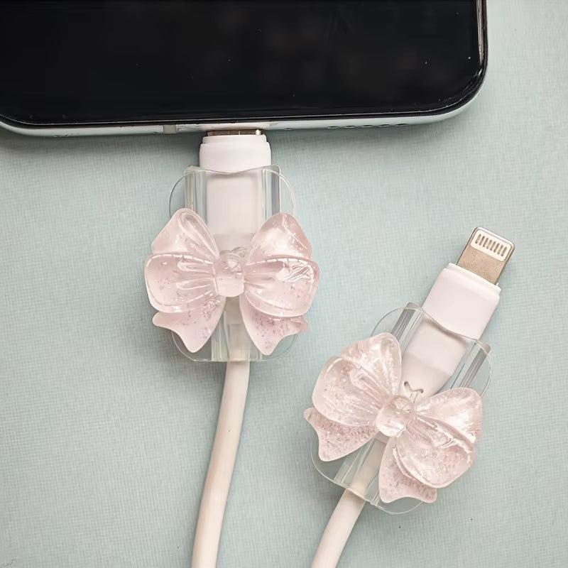 2Pcs Lovely Pink Bow Silicone Charger Cable Protector Sleeve Cable Holder Clip Anti-break Transparent Cord Cover Wrap 1