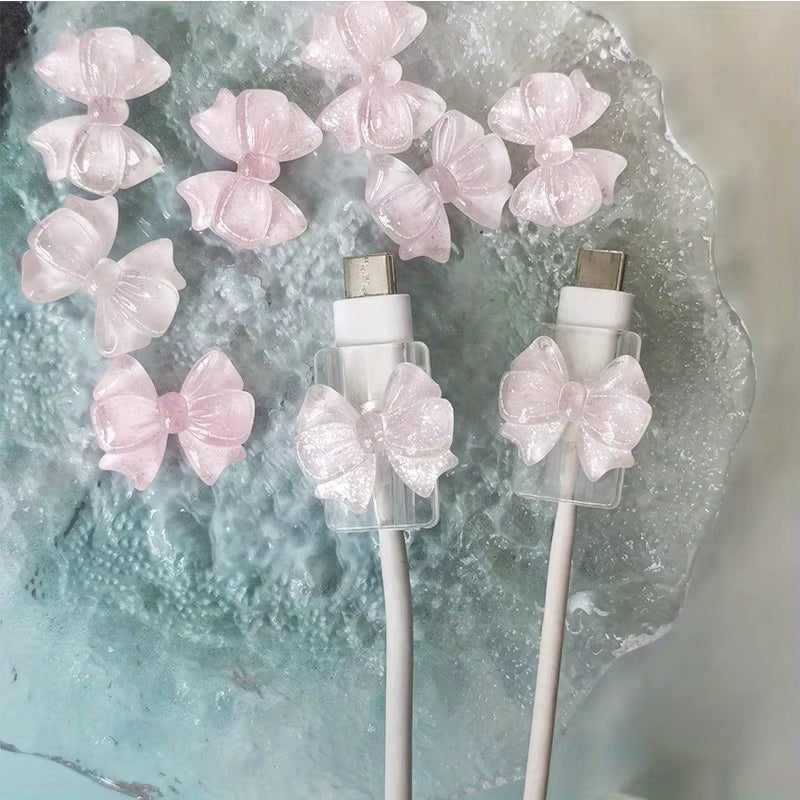 2Pcs Lovely Pink Bow Silicone Charger Cable Protector Sleeve Cable Holder Clip Anti-break Transparent Cord Cover Wrap 5