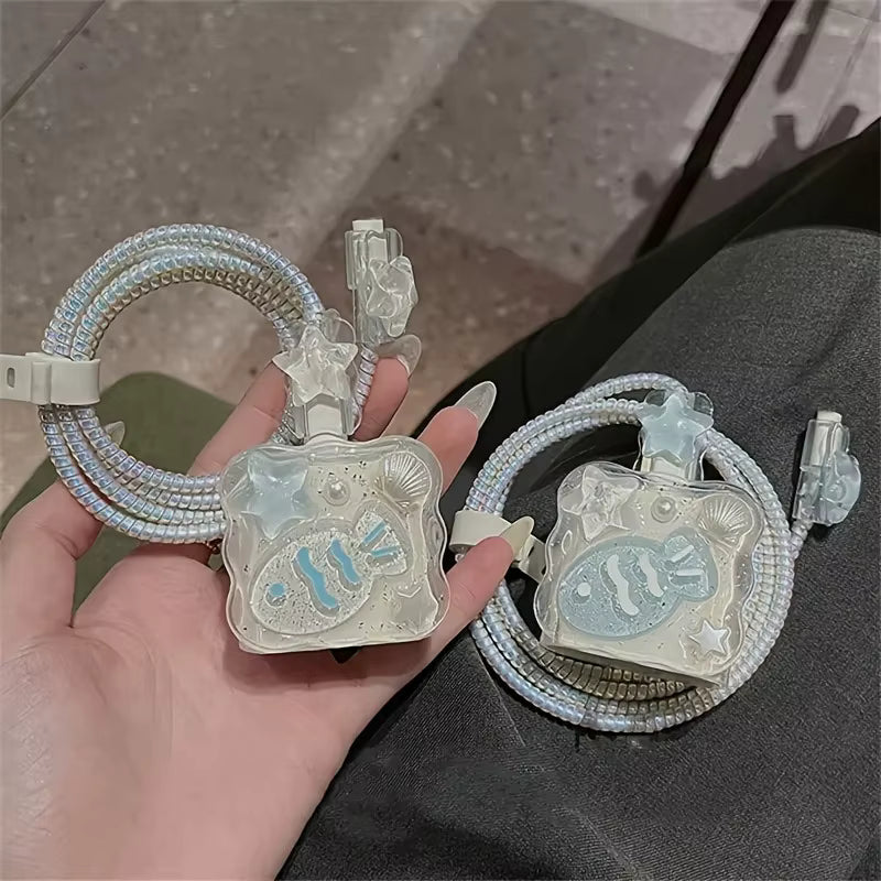 Cute 3D Shell Fish Star Wave Border Epoxy USB Protector Cover For iPhone 18W-20W Data Line Head Cord Fast Charging Case 2