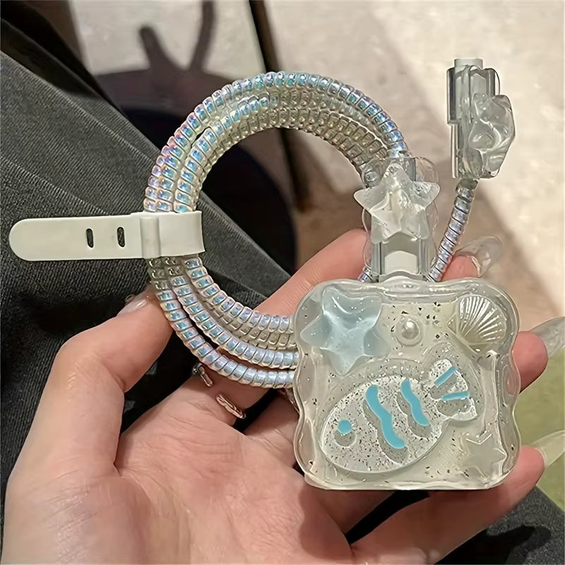 Cute 3D Shell Fish Star Wave Border Epoxy USB Protector Cover For iPhone 18W-20W Data Line Head Cord Fast Charging Case 4