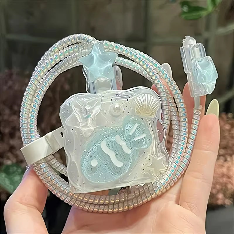 Cute 3D Shell Fish Star Wave Border Epoxy USB Protector Cover For iPhone 18W-20W Data Line Head Cord Fast Charging Case 5