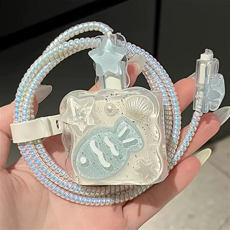 Cute 3D Shell Fish Star Wave Border Epoxy USB Protector Cover For iPhone 18W-20W Data Line Head Cord Fast Charging Case 1