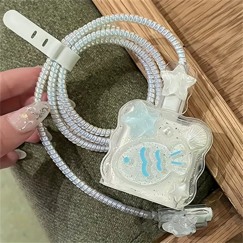 Cute 3D Shell Fish Star Wave Border Epoxy USB Protector Cover For iPhone 18W-20W Data Line Head Cord Fast Charging Case 3
