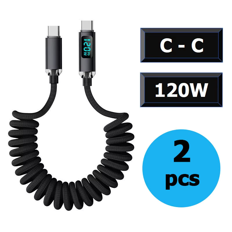 120W Car Retractable Cable Digital Display Spring USB A Type C To Type C Cable For Samsung iPhone 16 Fast Charging Charger Cable