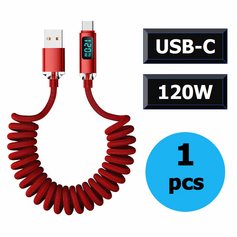 120W Car Retractable Cable Digital Display Spring USB A Type C To Type C Cable For Samsung iPhone 16 Fast Charging Charger Cable
