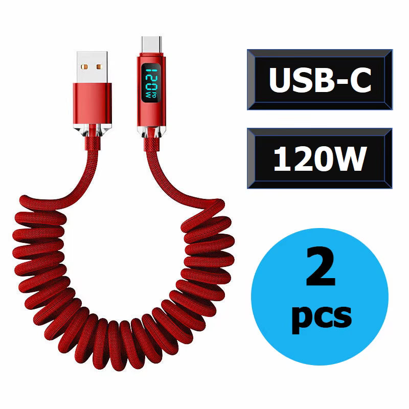 120W Car Retractable Cable Digital Display Spring USB A Type C To Type C Cable For Samsung iPhone 16 Fast Charging Charger Cable