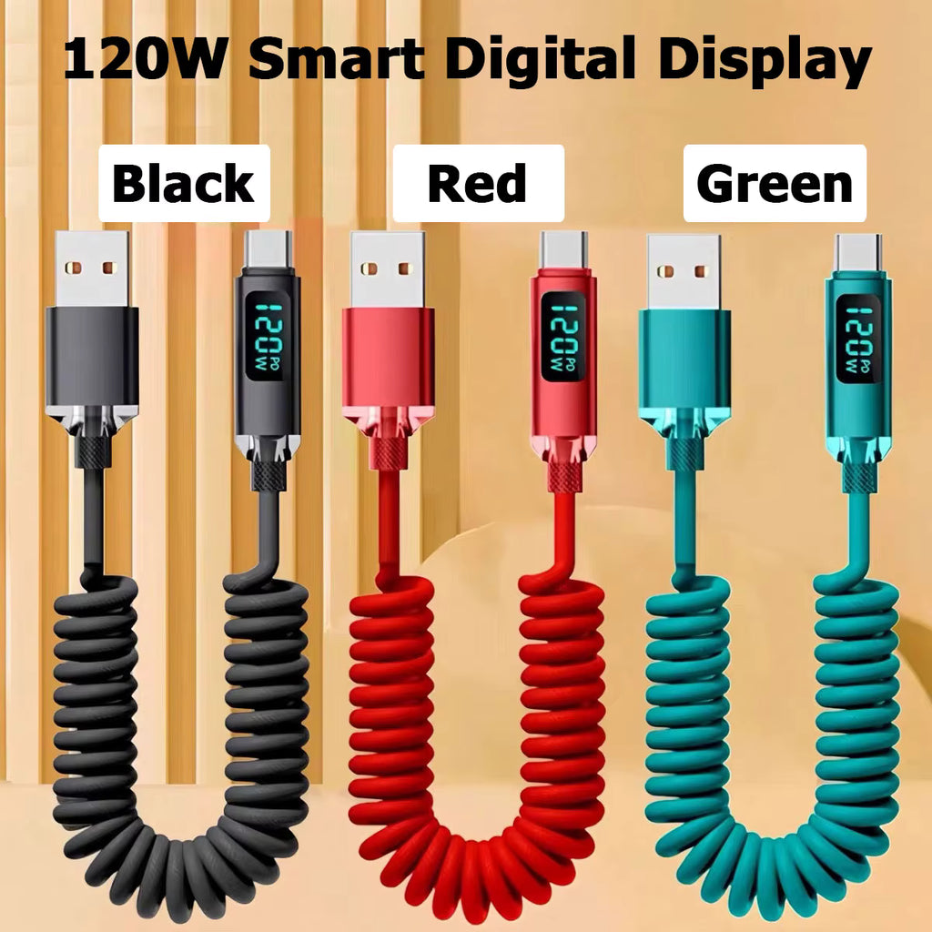 120W Car Retractable Cable Digital Display Spring USB A Type C To Type C Cable For Samsung iPhone 16 Fast Charging Charger Cable 1