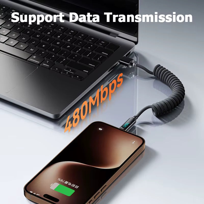 120W Car Retractable Cable Digital Display Spring USB A Type C To Type C Cable For Samsung iPhone 16 Fast Charging Charger Cable 5